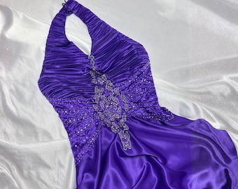 Vintage Purple Satin Halter Prom Dress Beaded Y2K Evening Gown Rhinestone Formal Maxi Dress Fairycore Purple Gala Dress