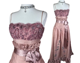 Vintage Silk Dress Beaded Bust Raw Silk Gown Pink Evening Dress Y2K Spaghetti Strap Formal Dress Embroidered Bodice Romantic