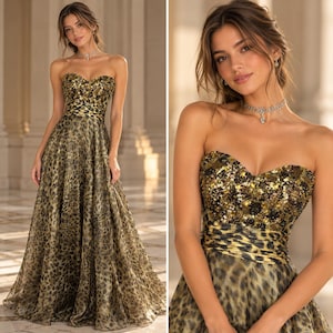 Vintage Leopard Print Sequin Ball Gown – Strapless Y2K Prom Dress