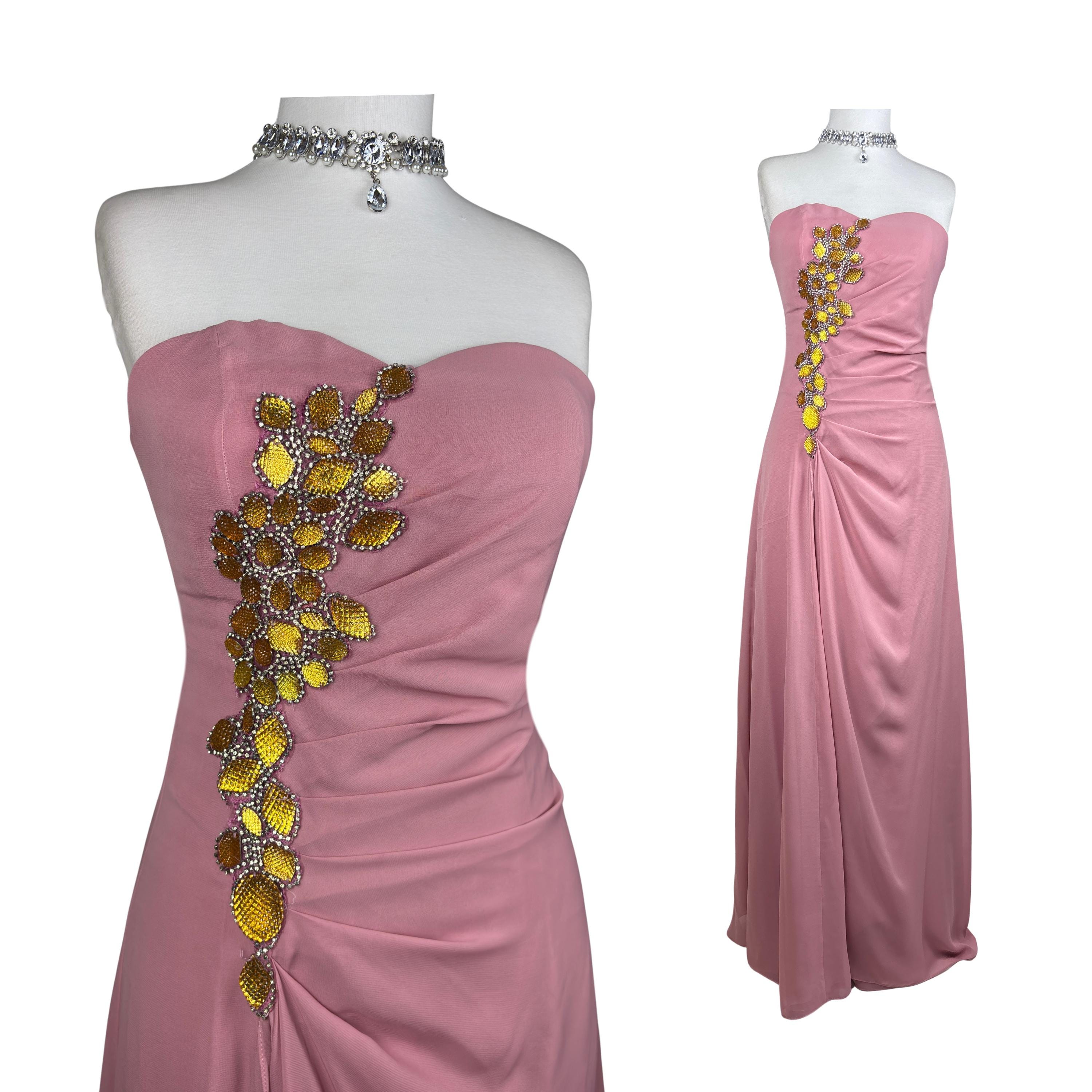 Vintage Pink Strapless Gown: Gold Beaded Bodice, Y2K Formal Maxi Dress