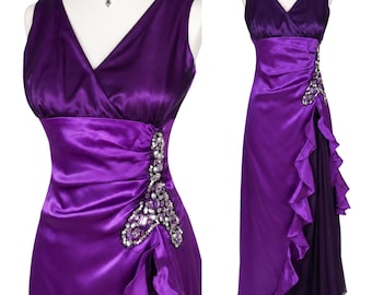 Vintage Purple Satin Evening Gown: Beaded Y2K Prom Dress