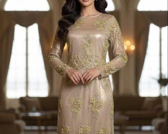 Vintage Pink Evening Gown, Hand-Beaded Pearl Floral Embroidery