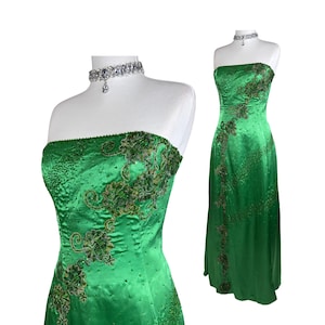 Vestido de noche vintage de satén sin tirantes con cuentas color verde esmeralda – Vestido formal de graduación estilo Y2K
