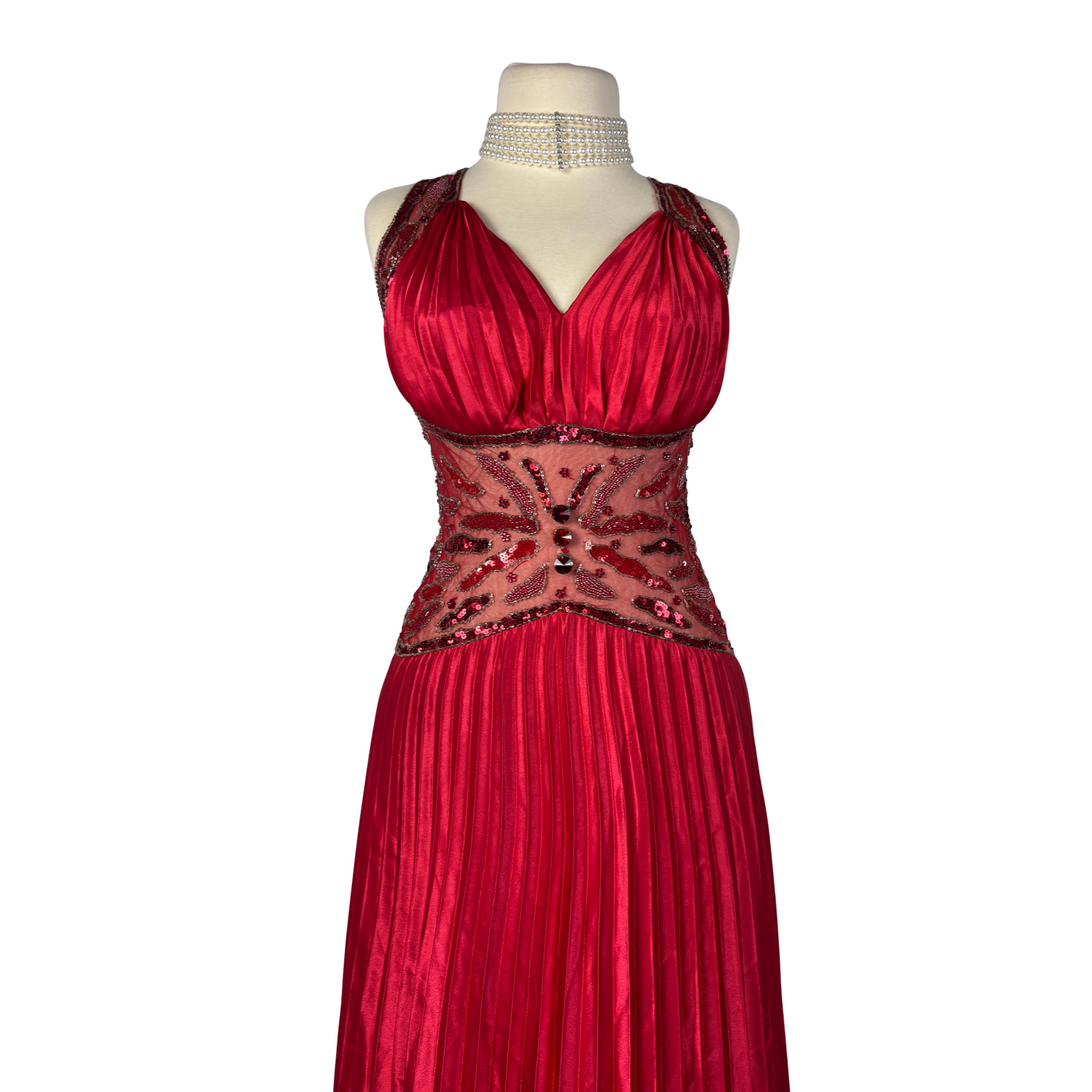 Vintage Red Pleated Evening Gown Sheer Beaded Mesh Waist Transparent ...