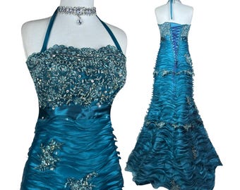 Vintage Teal Mermaid Prom Dress Beaded Halter Gown Lace Up Corset Formal Evening Dress Pageant Y2K Couture Fairycore S M