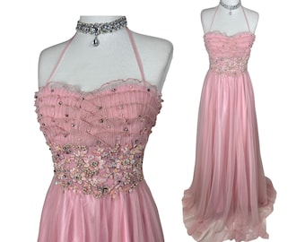 Vintage Pink Beaded Prom Dress Y2K Fairycore Maxi Gown Floral Applique Formal Dress Pastel Princess Tulle Evening Dress