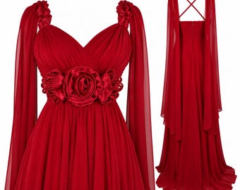 Vintage Red Chiffon Maxi Dress: 3D Rose, Open Back, Y2K Prom Gown