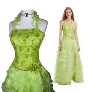 Vintage Y2K Lime Green Prom Dress Beaded Ruffle Gown Halter Fairycore Formal Dress Homecoming Ball Gown 2000s Princess Dress