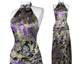 Y2K Purple Floral Satin Maxi Dress: Halter Neck, Backless, Ruched Waist Boho Glam