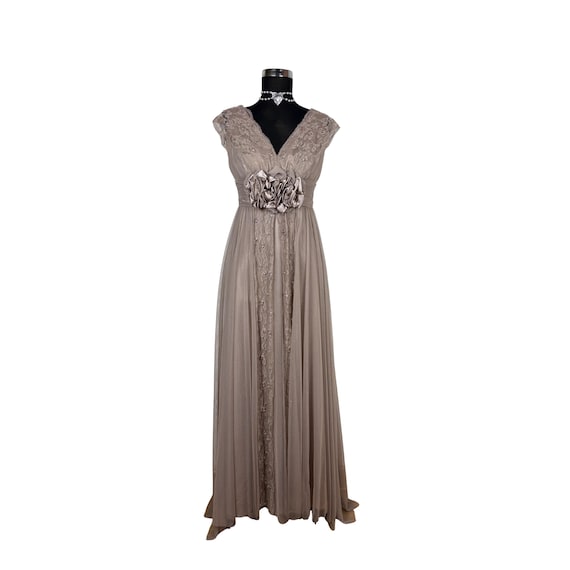 Vintage Taupe Lace Evening Gown: Satin Rose, Greige Chiffon Maxi Dress