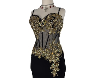 Vintage Y2K Cassandra Stone Dress Sheer Black Mesh Champagne Gold Lace  Beaded Sequin Applique Basque Waist Evening Prom Gown Whimsigoth 00s - Etsy
