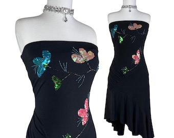 Vintage zwarte strapless midi-jurk met pailletten en vlinder – asymmetrische zoom Y2K-avondstijl