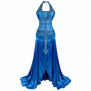 Vintage Blau Perlen Neckholder Kleid: Y2K Korsett Abendkleid, Schiere Verschönerte Taille
