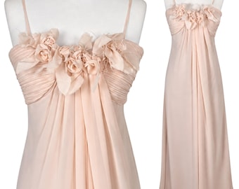 Vintage Blush Pink Chiffon Maxi Dress: Floral Bust Evening Gown