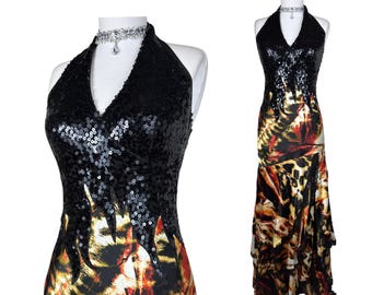 Y2K Sequin Halter Maxi Dress: Animal Print, Flame Detail, Vintage Evening Gown