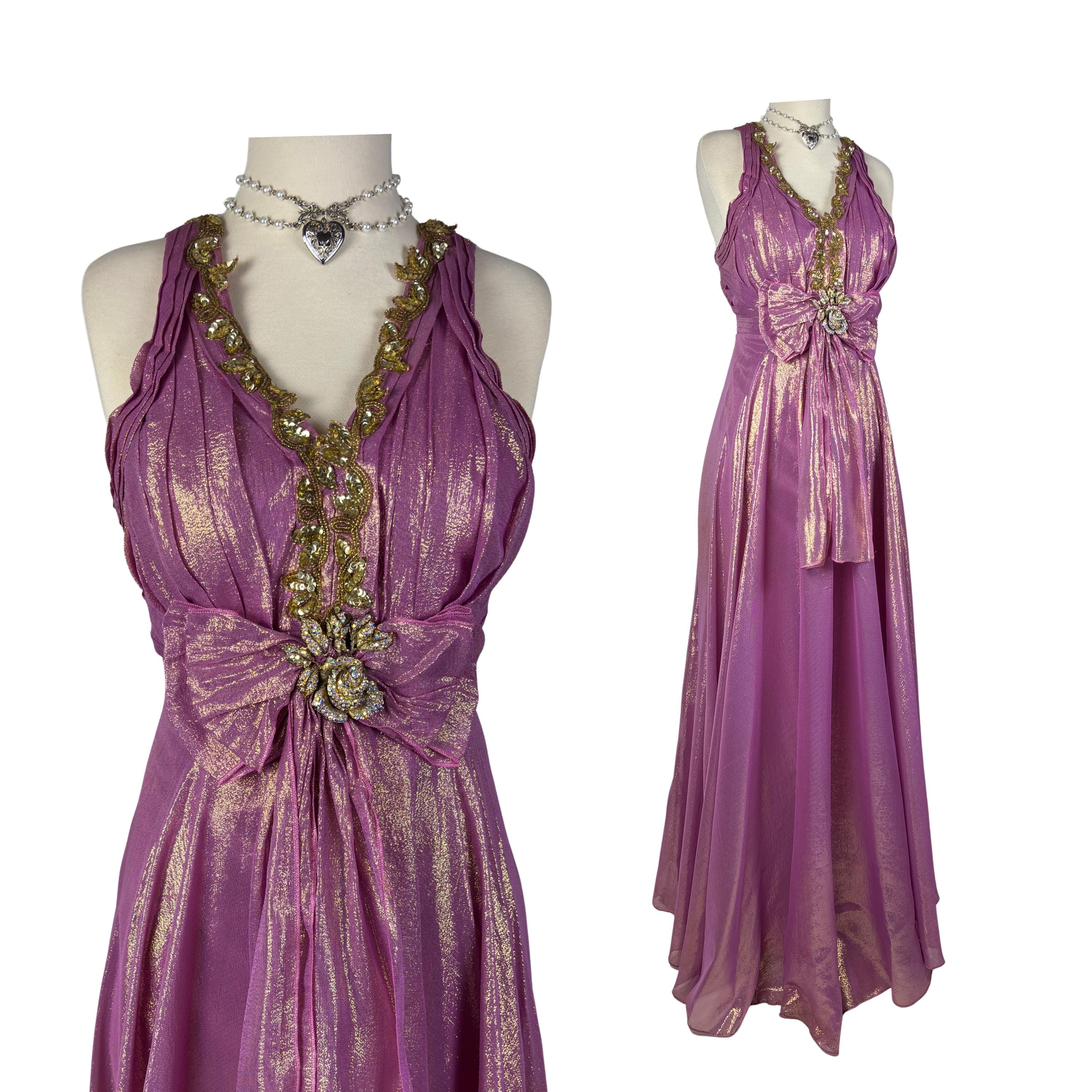 Vintage Pink Metallic Gown: Gold Shimmer, Crystal Brooch, Bow Detail Maxi Dress