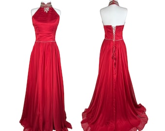Vintage Red Halter Prom Dress / Y2K Beaded Evening Gown / Lace Up Back Formal Dress / Chiffon Maxi Dress / Pageant Gala Gown