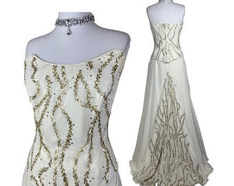 Vintage Y2K Ivory Beaded Corset Set Two Piece Evening Gown Bridal Maxi Skirt Gold Embellished Formal Dress Plus Size