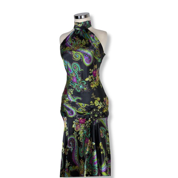 Vintage Y2K Halter Gown: Black Baroque Floral Paisley Satin Dress - Etsy Israel Vintage Y2K Halter Gown: Black Baroque Floral Paisley Satin Dress - Etsy Israel