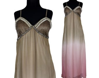 Fairycore Silk Beaded Gown - Pink Beige Ombre Vintage Prom Dress - Hand Embroidered Bust