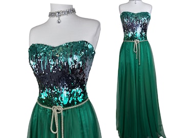 Emerald Green Sequin Dress Strapless Y2K Prom Gown Tulle Skirt Rhinestone Belt Vintage Evening Dress Sparkly Formal One of a Kind