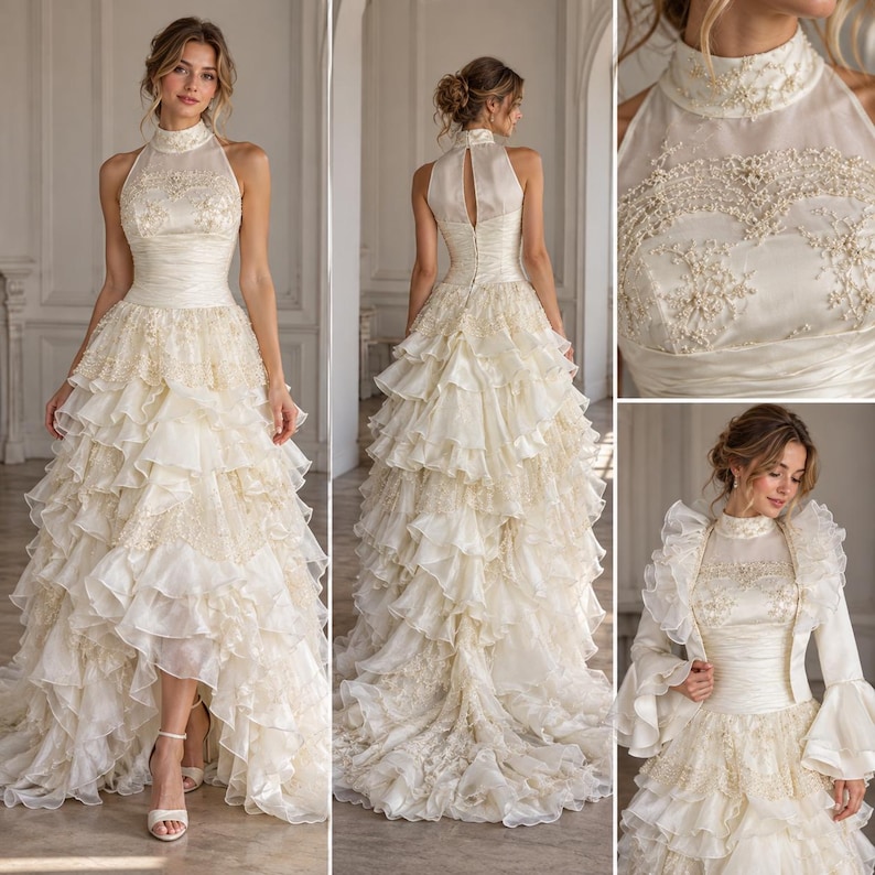 Bridal Robe Ruffle Vintage Ruffle Wedding Dress With Removable Jacket Ivory Beaded Lace ...