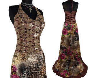 Vestido halter estilo vintage Y2K: vestido largo de encaje con estampado de leopardo y rosas