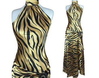 Vintage Y2K Zebra Print Halter Maxi Dress Gold Black Satin Evening Gown Animal Print Prom Dress Glam Formal Party Dress