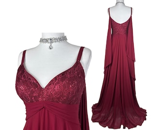 Vintage Y2K Burgundy Chiffon Maxi Dress Lace Bust Cape Back Train Flowing Formal Evening Gown Prom Dress Elegant