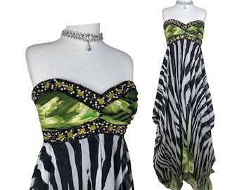 Vintage Zebra Print Prom Dress Green Floral Gown Beaded Strapless Maxi Dress Y2K Evening Gown Fairycore Formal Dress