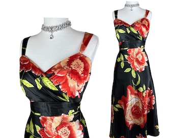 Vintage Y2K zwarte satijnen midi-jurk: rode rozenprint, grote maten zomerfeest in A-lijn