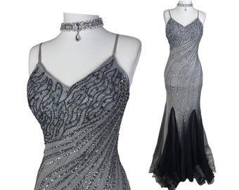 Vintage Y2K Silk Beaded Mermaid Gown: Grey Black Ombre Evening Maxi Dress