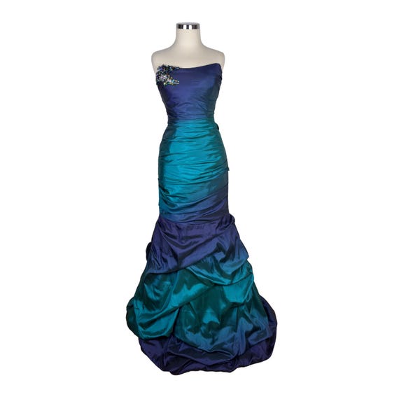 blue green ombre prom dress Vintage Mermaid Gown: Taffeta Strapless Beaded Size:Belt-54 Herve Leger Black Bandage in bra Hand Wash plus size rockabilly clothing