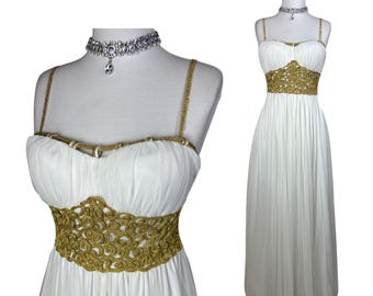 Vintage griechische Göttin Kleid Weißgold Empire-Taille Maxi Kleid Fairycore Hochzeitsgast Kleid Boho Braut Göttin Kleid