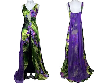 Suknia maxi z satyny w kwiaty w stylu vintage: suknia Fairycore Y2K z trenem z fioletowej koronki