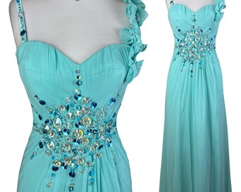 Vintage Aqua Blue Crystal Embellished Chiffon Maxi Dress – Y2K Fairycore Formal Gown