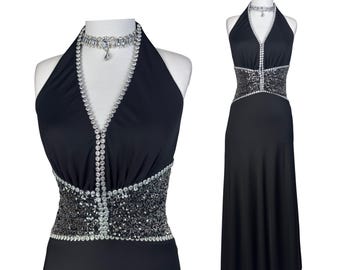 Vintage Black Halter Evening Dress Sequin Waist Gown Y2K Formal Dress Rhinestone Prom Dress Hollywood Glam Maxi Dress