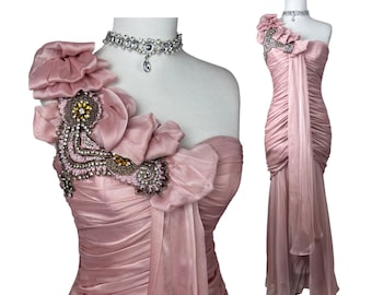 Suknia wieczorowa w stylu vintage w kolorze różowym, syrenka, Y2K, marszczona satyna, jedno ramię, aplikacja kwiatowa, sukienka wieczorowa Fairycore, formalna sukienka maxi