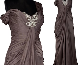 Vintage Taupe Evening Gown: Rhinestone Bust, Draped Y2K Prom Dress