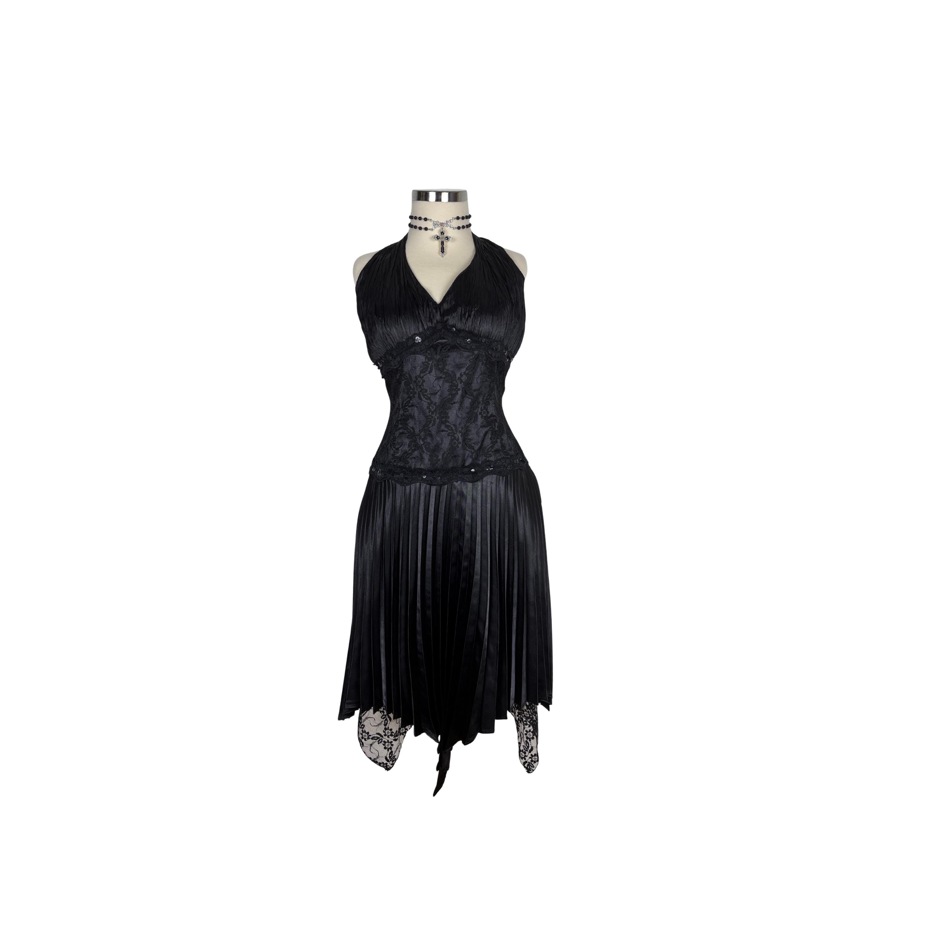 gothic halter dress Vintage Dress: Pleated Satin Lace Corset, Dark Romantic Midi victorian gothic black wedding dresses