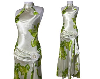 Vintage Halter Satin Maxi Dress White Green Floral Y2K Glam Backless Evening Dress Summer Resort Silk Feel Long Prom Dress