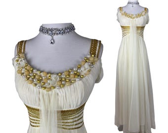 Vintage Grecian Goddess Maxi Dress Ivory Gold Beaded Pearl Gown Empire Waist Bridal Prom Evening Fairycore Boho Wedding