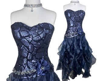 Vintage marineblauwe feestjurk met pailletten, strapless jurk van organza met ruches, Fairycore Y2K-avondkleding