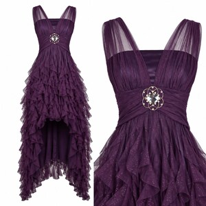 Vestido vintage Y2K morado con volantes de tul brillante, vestido formal asimétrico, vestido de fiesta de hadas con broche de diamantes de imitación, vestido de noche para fiestas