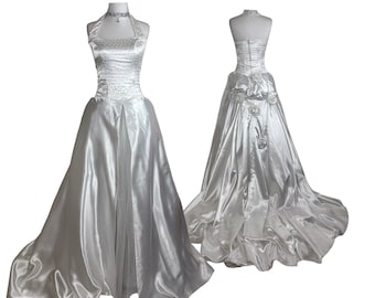 Vintage Halter Wedding Dress: Pearl Beaded Bodice, Satin Skirt, Ivory Y2K Bride Gown
