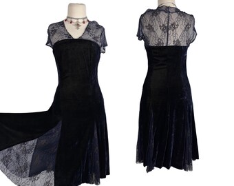 Vintage Black Velvet Dress: Y2K Gothic Lace Midi Gown
