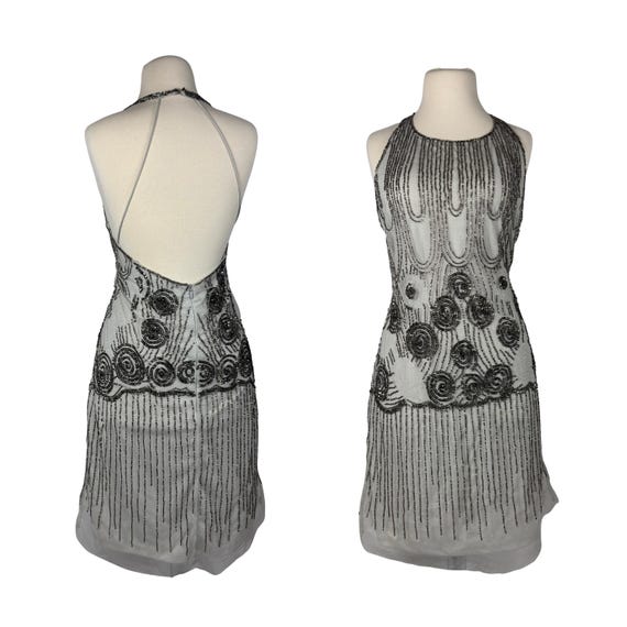 Vintage Beaded Flapper Dress: Silver Fringe, Art Deco Halter, Backless Mini Evening Gown