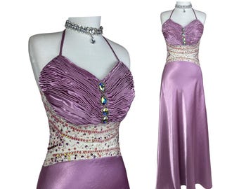 Vintage Pink Satin Halter Dress Y2K Beaded Sheer Waist Maxi Dress Pastel Prom Dress 2000s Evening Gown Fairycore