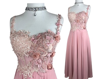 Vintage Pink Princess Dress Y2K Fairycore Midi Gown, Corset Back Floral Evening Dress, Romantic Balletcore Formal Dress
