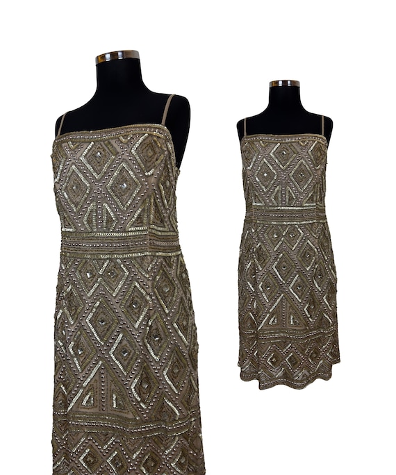 Vintage Hand Beaded Cocktail Dress: Gold Sequin Gatsby Party Dress Vintage Hand Beaded Cocktail Dress: Gold Sequin Gatsby Party Dress